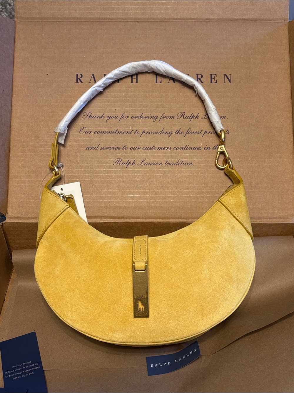 Ralph Lauren mini Yellow Suede Crescent/ half moon Polo ID Shoulder saddle Bag